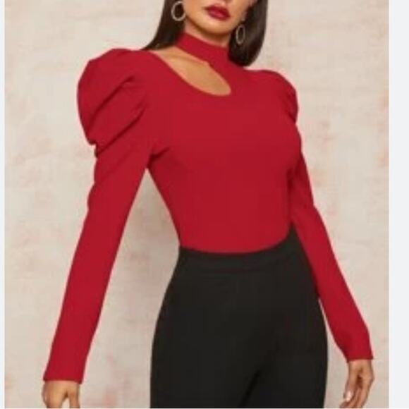 Cyrus Red Sweater Puff Sleeves Cutout Small Bold Red Retail $89 Pit to Pit 14.5" - Picture 1 of 7